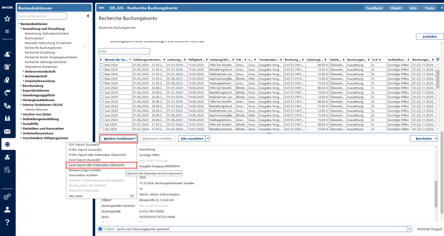 Excel-Export der Ergebnisliste aus der Bestandsaktion Recherche Buchungskonto