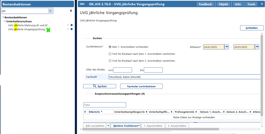 jährliche Vorgangsprüfung suchen; selektieren